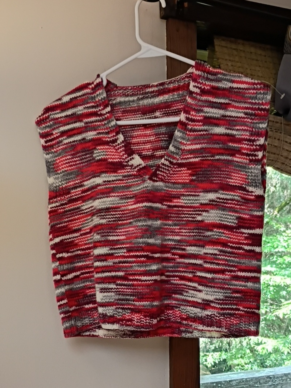 V-Neck Striped Knit Women’s Top in Red, White & Gray
